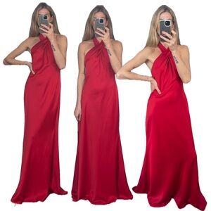 NWT BHLDN Anthropologie Red Halter Open Back Satin Effect Maxi Gown Dress